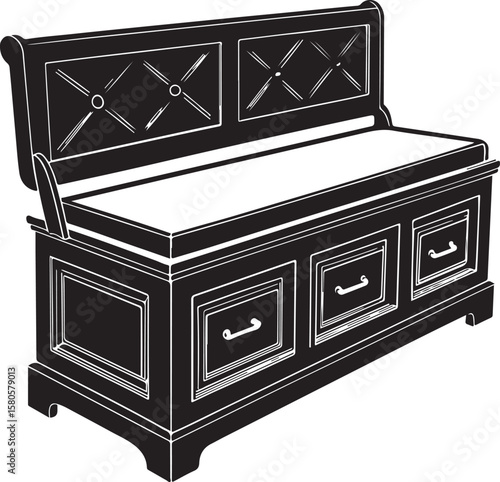 Black tufted storage bench with drawers and ornate handles tufted backrest black and white