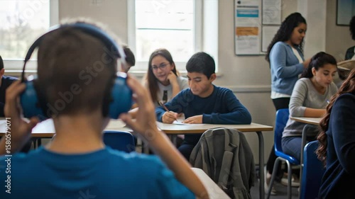 Video footage of an autistic child with hypersensitivity wears blue headphones in a classroom setting to manage sensory overload promoting inclusion and learning support