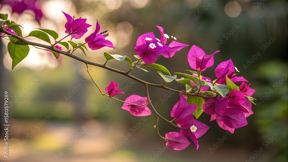 Obraz premium Vibrant Close-Up of Blooming Magenta Bougainvillea Flowers with Green Leaves