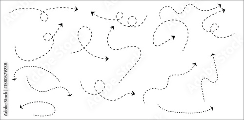 Dotted curved arrow paths collection on white background – whimsical hand-drawn direction lines set with swirls and loops for navigation, infographic design, or playful decorative pointer elements

