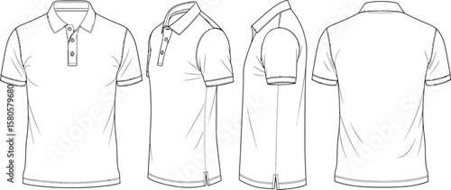 Polo shirt technical drawing showcases front, side, and back views.