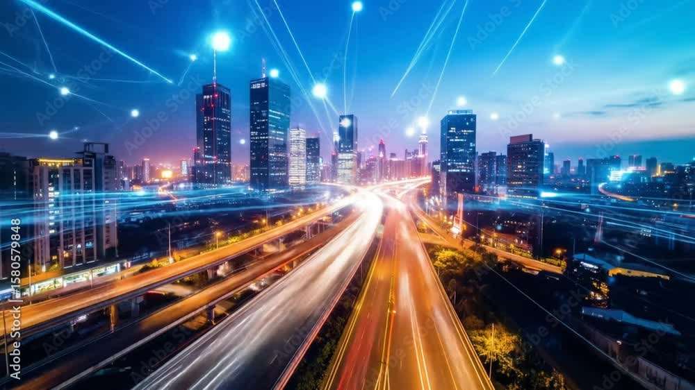 Futuristic Cityscape with Data Connections and Highway Traffic at Twilight Futuristic Cityscape with Data Connections and Highway Traffic at Twilight