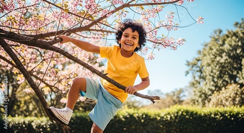Boy climbing flowering tree in backyard
