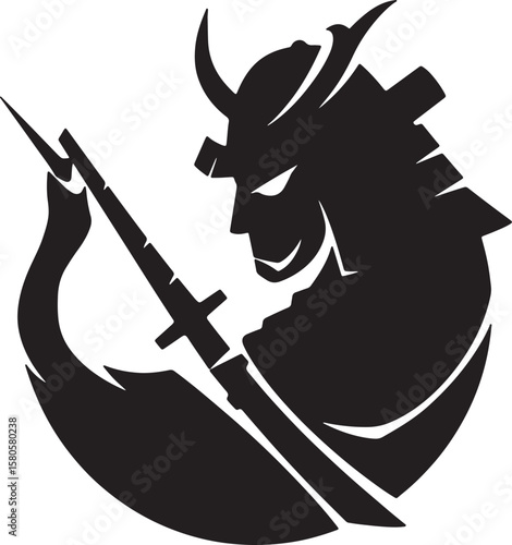 Silhouette illustration of a japanese samurai warrior with sword and traditional helmet