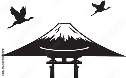 Silhouette of mount fuji and japanese torii gate with flying cranes in black and white