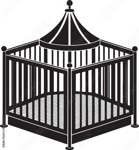 Hexagonal playpen with peaked roof and decorative finial baby crib
