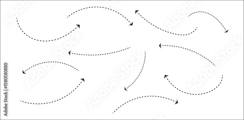 Black hand-drawn dotted curved arrows on transparent background – minimal sketch arrows with smooth bends and rounded paths for navigation, infographic flow, or creative directional design highlights
