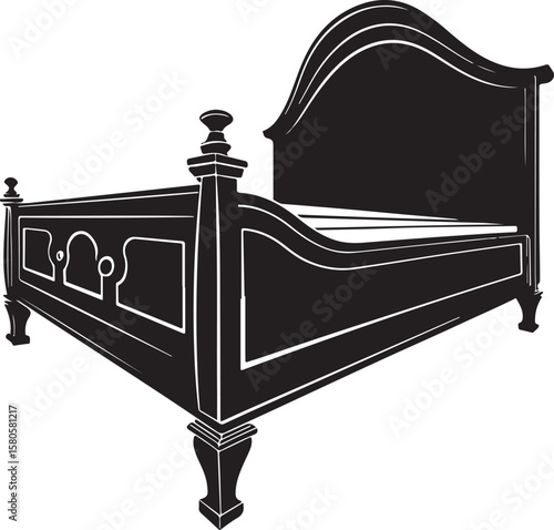 Ornate black antique bed frame with curved headboard vector