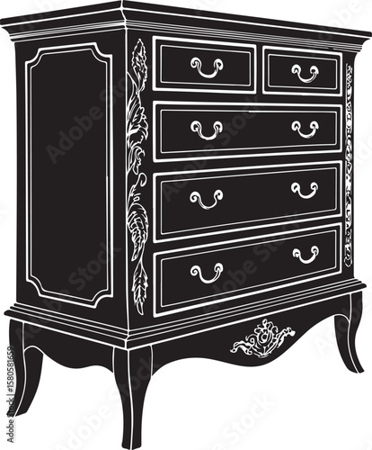 Ornate black chest of drawers with decorative carvings antique furniture