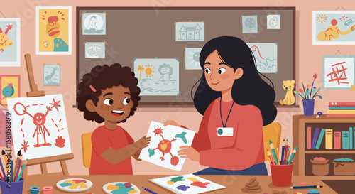 A young girl and teacher examine a child's artwork in a classroom setting.