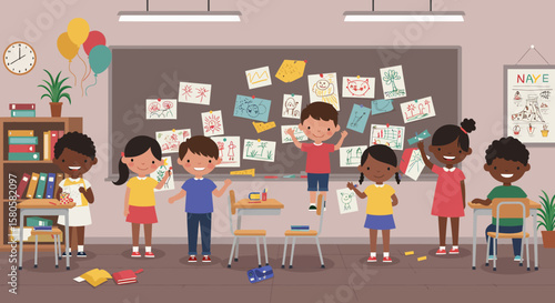 Diverse elementary school children engaged in art activities on a classroom bulletin board, showcasing a lively learning environment.