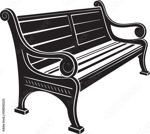 Ornate black park bench with scrolled arms and slatted seat outdoor furniture seating