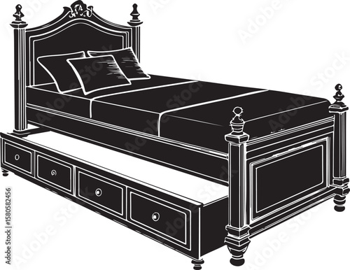 Ornate black trundle bed with pillows and drawers vector icon