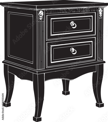 Ornate black vector nightstand with two drawers and decorative legs furniture white