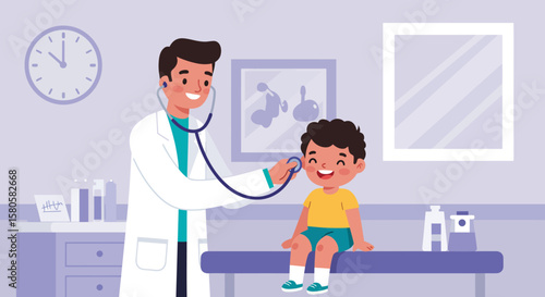 A friendly doctor examining a young child with a stethoscope in a medical office.
