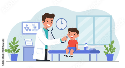 Smiling pediatrician examines a happy child during a checkup in a bright, welcoming doctor's office.