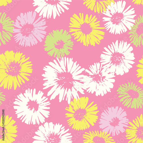 Seamless green and yellow floral background. Minimal abstract organic shapes pattern. Vector green abstact pattern with yellow flowers.
