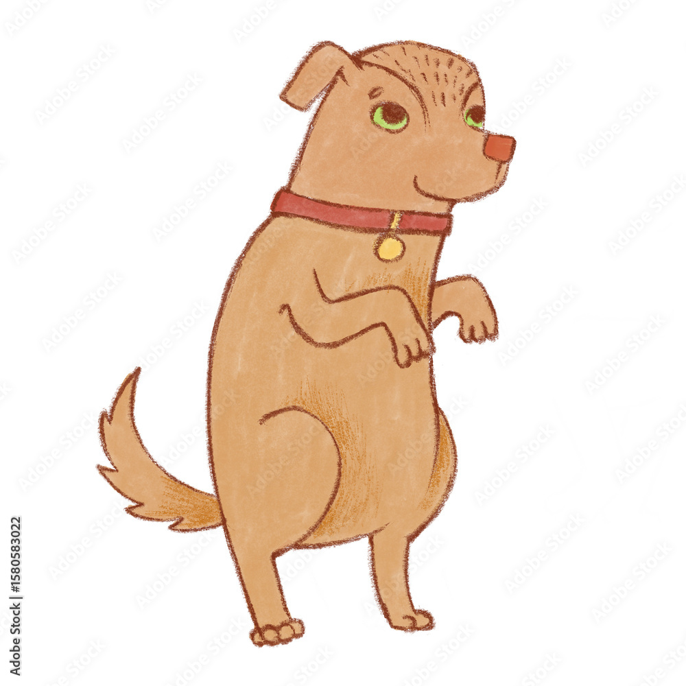 Obraz premium Friendly dog asking food, standing on his paws, illustration isolated on the white background. Brown dog character clip art.