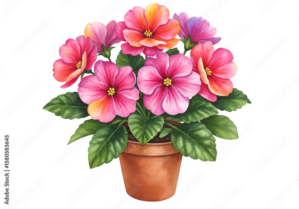 Fototapeta premium Watercolor Floral Illustration of Pink and Red Flowers with Leaves