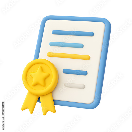 3D award certificate icon with yellow star medal and colorful horizontal lines isolated on transparent background