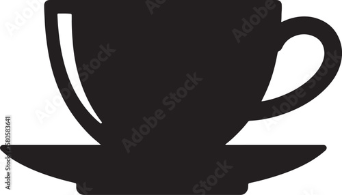 Simple minimalist black silhouette of a coffee cup and saucer isolated on white