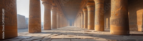 Ancient Egyptian Temple Interior with Massive Columns and Hieroglyphs