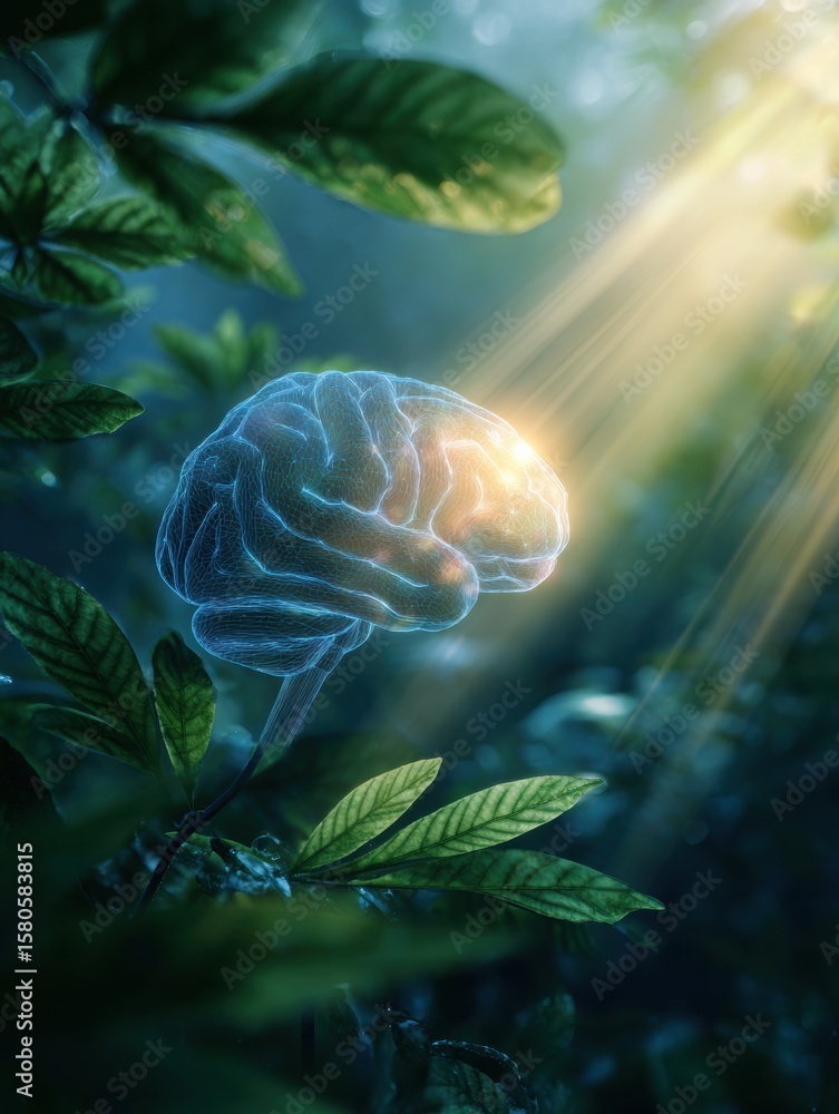 Fototapeta premium Glowing Brain Illuminated by Sunrays and Surrounded by Lush Leaves Symbolizes Awareness for Mental Health Month