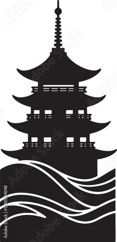 Traditional japanese pagoda silhouette with wave patterns depicting serenity and tranquility