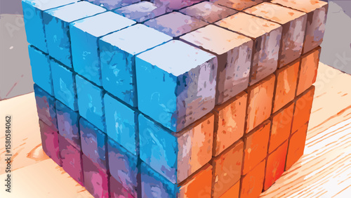 A colorful cube structure made of smaller cubes with a gradient of colors from blue to orange hues