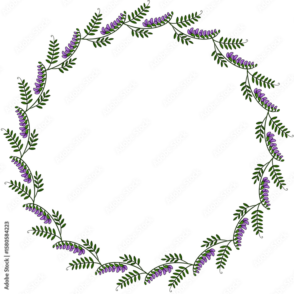 Obraz premium Elegant vector circular frame design featuring a delicate arrangement of purple tufted vetch flowers and green leaves, perfect for invitations, cards, or decorative elements.