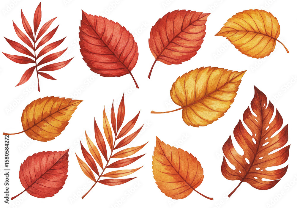 Fototapeta premium Watercolor Illustration of Assorted Fall Leaves in Brown and Orange Isolated