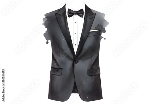 Watercolor Illustration of Black Tie Tuxedo Suit Formal Wear Fashion