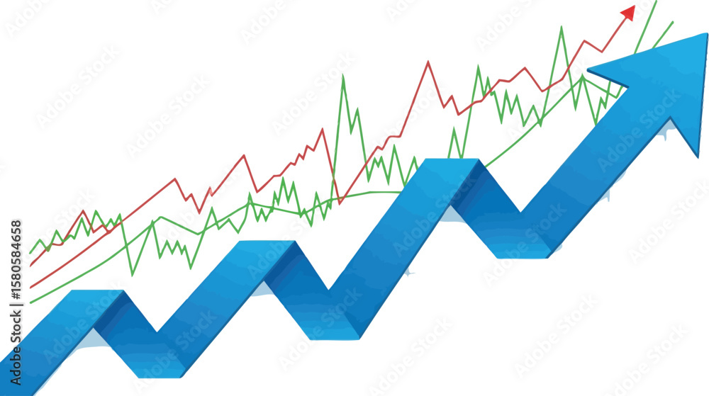 Naklejka premium Blue arrow shows upward trend with red and green line graphs.