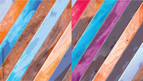 Diagonal wooden planks painted in various colors creating a vibrant and textured abstract background scene