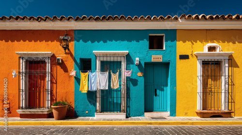 Fachadas coloridas de casas coloniales en calle soleada