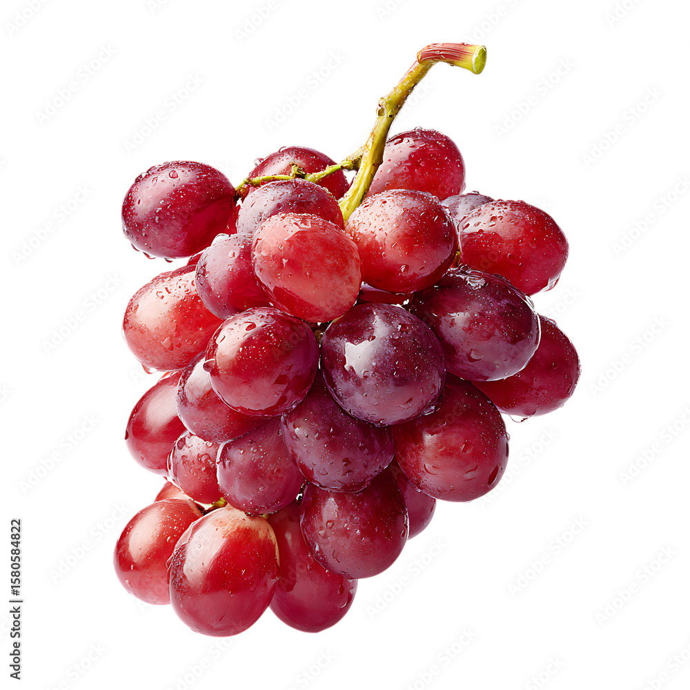Fototapeta premium Close up of a bunch of ripe red grapes with water droplets on a transparent background isolated on a transparent background
