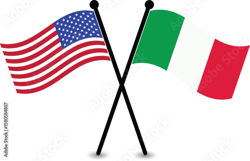 Crossed American and Italy Flags, Symbol of Diplomacy.