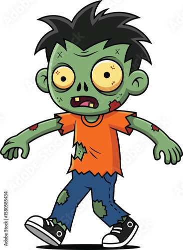 Cartoon zombie boy with torn clothes, scary undead child character walking, Halloween illustration, creepy monster kid, vector funny horror