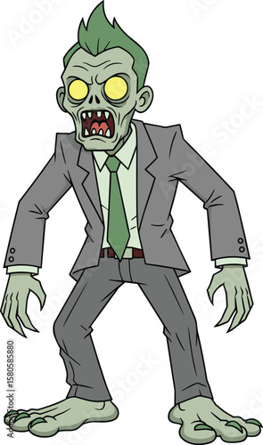 Cartoon zombie businessman character, funny undead creature, horror office monster, Halloween vector design, creepy suit zombie, animated dead figure
