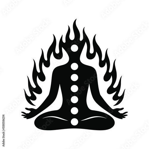 Symbolic illustration of meditation and spiritual energy with flames and chakras