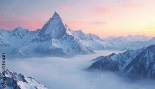 Wallpaper Mural Snow-Capped Mountain Peak Emerging from Clouds at Dawn Torontodigital.ca