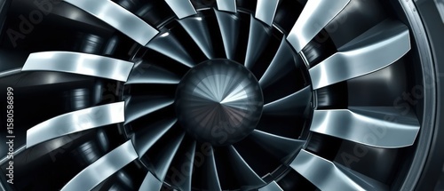 Close-up photograph of a jet engine turbine