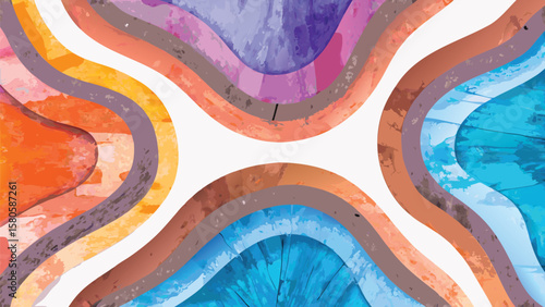 Abstract watercolor painting with curved bands of orange purple and blue colors on white background