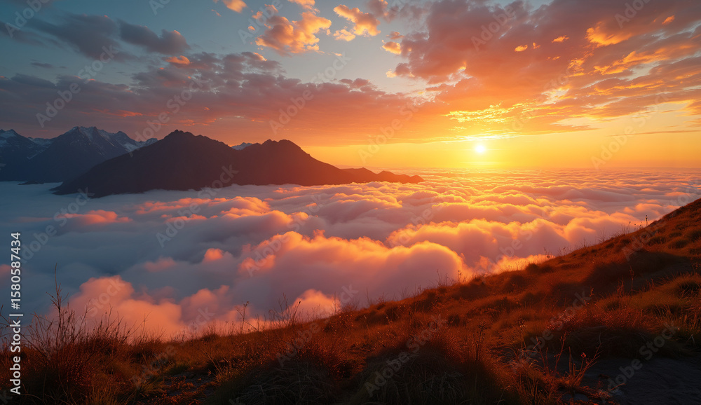 Naklejka premium Sunset Over a Sea of Clouds with Mountain Silhouettes