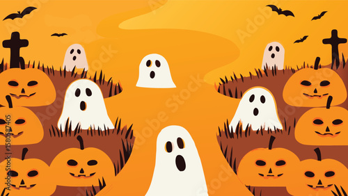 Illustration of a halloween scene with ghosts, pumpkins, bats and tombstones on orange background