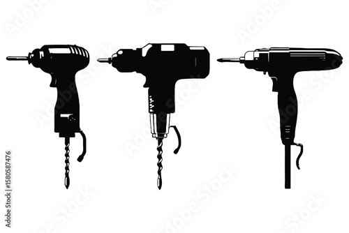 set of dental drill silhouette icons in black, featuring dental equipment on white background