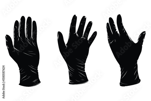set of glove silhouette illustrations in black, featuring different hand glove styles on white background