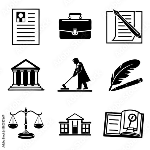 Minimalist black and white icons representing legal and professional symbols with scales of justice, courthouse, and writing tools for legal context