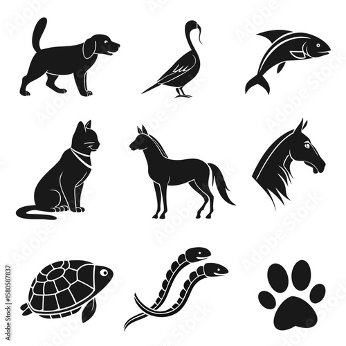 Collection of silhouette animal icons including domestic and wild species with aquatic creatures and symbolic paw print set designed for versatile