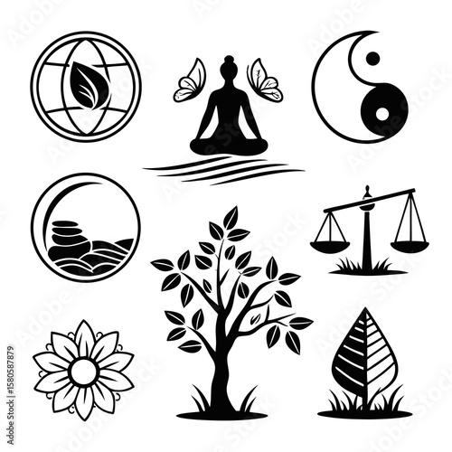 Collection of minimalist symbols representing natural elements spiritual practices and balance concepts in black and white